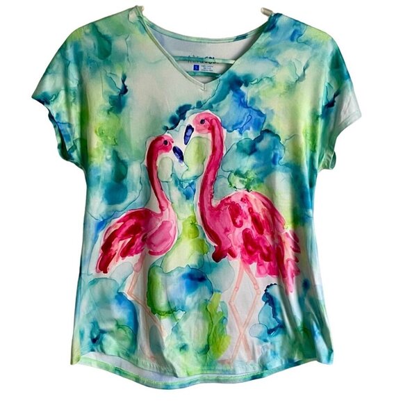 Art & Sol Colorful Flamingo Print Short Sleeve Top Women's Small NEW - Picture 1 of 10